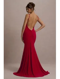 Adele | Red Ruched Fishtail Cami Maxi Dress - 1