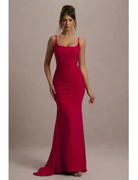 Adele | Red Ruched Fishtail Cami Maxi Dress