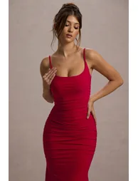 Adele | Red Ruched Fishtail Cami Maxi Dress - 3