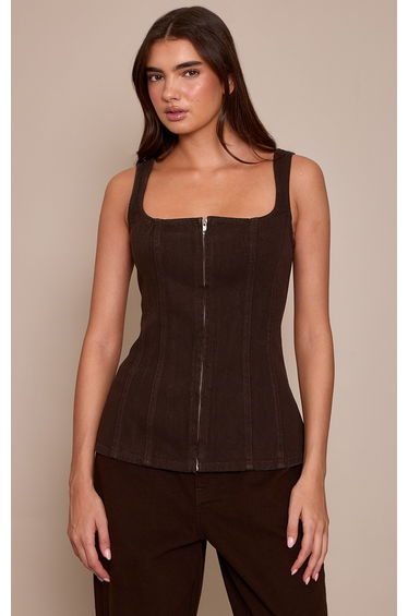 Chocolate Seam Detail Zip Through Denim Corset