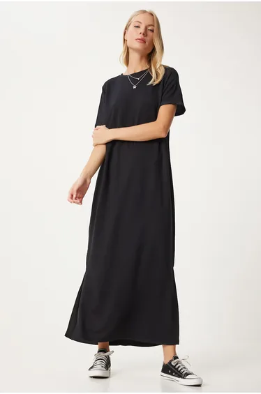 Women's Black Side Slit Summer Long Knitted Dress