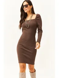 Women's Bitter Brown Square Neck Lycra Dress