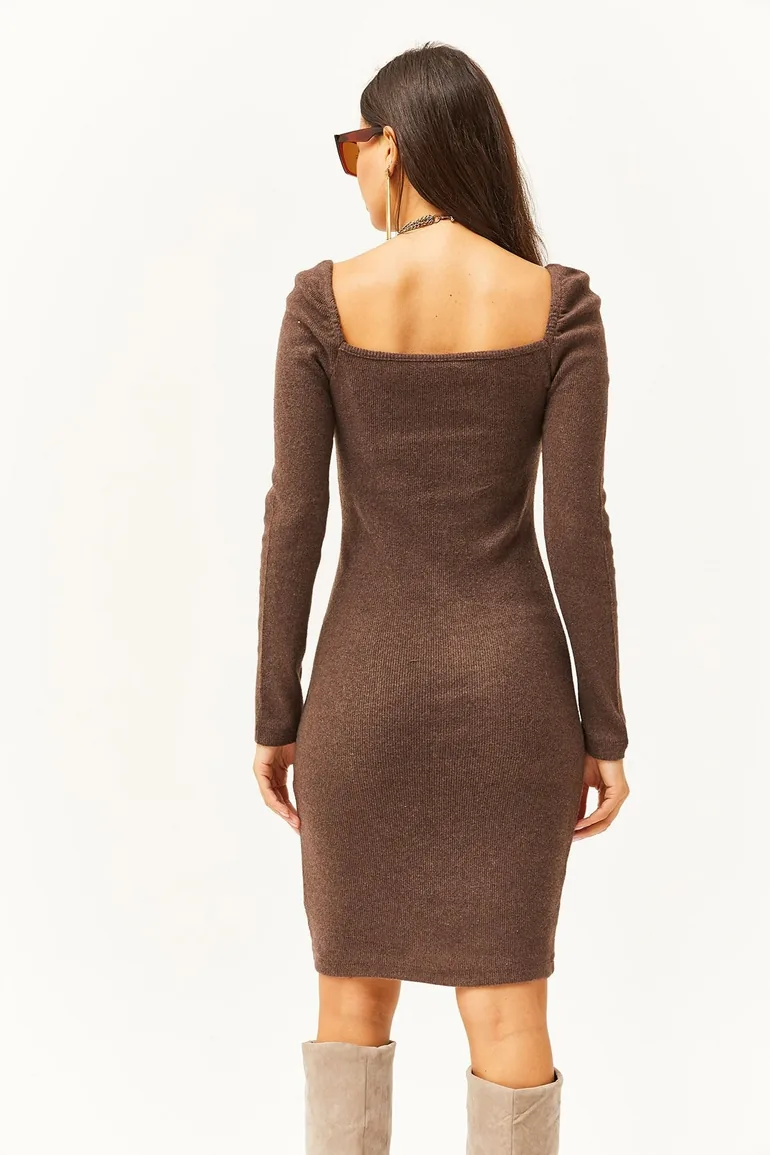 Women's Bitter Brown Square Neck Lycra Dress - 4
