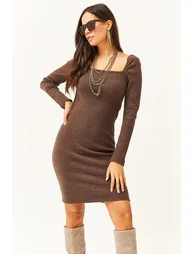 Women's Bitter Brown Square Neck Lycra Dress - 3