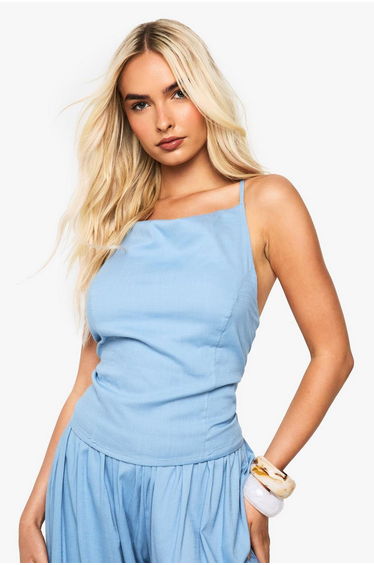 Linen Look Tie Back Top - powder blue