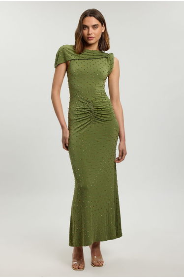 Twist Detail Studded Jersey Maxi Dress