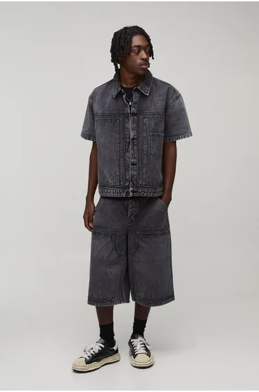 Herringbone Denim Double Carpenter Longline Jorts - washed black