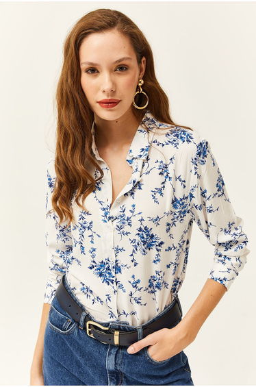 Women's White Blue Floral Pattern Woven Viscose Shirt