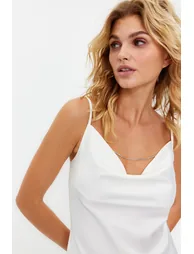 White Turndown Collar Stone Accessory Satin Blouse - 3