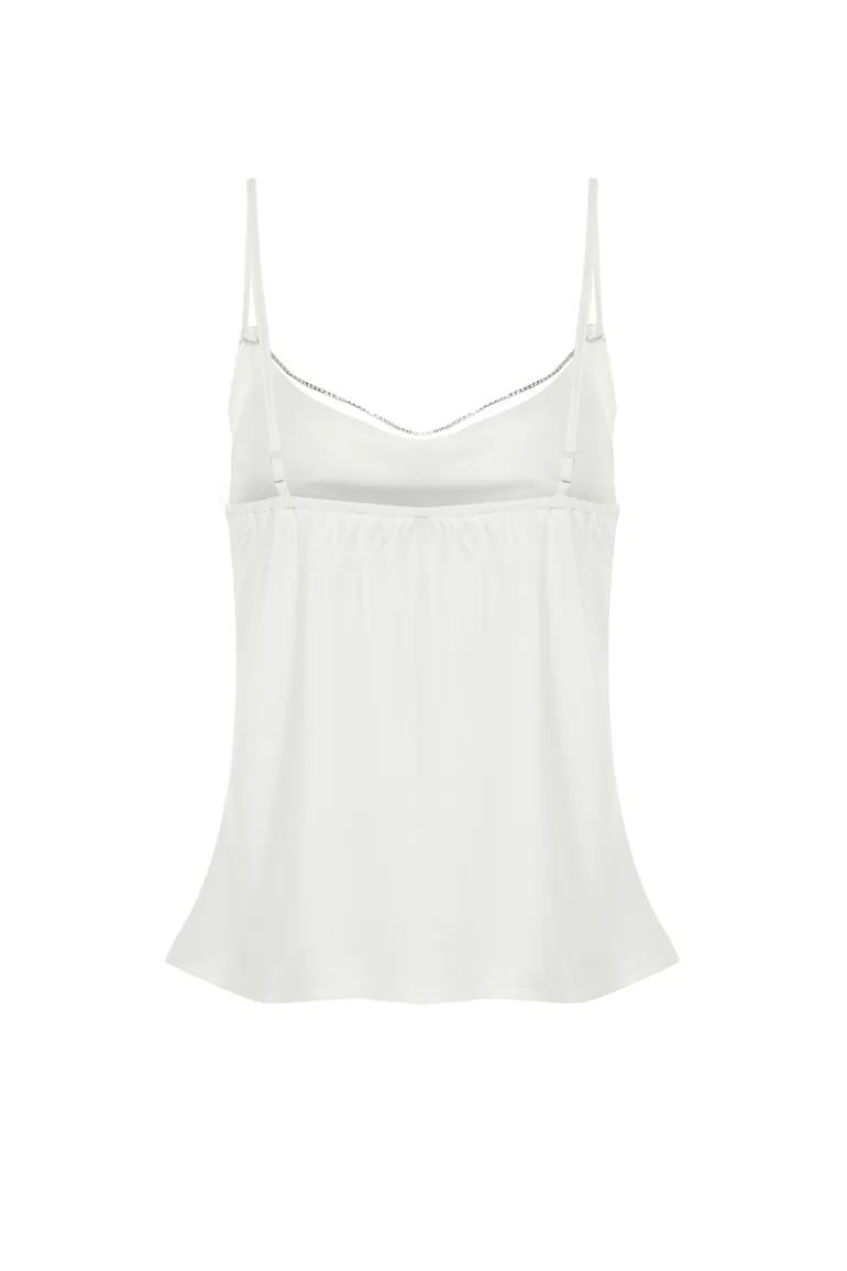 White Turndown Collar Stone Accessory Satin Blouse - 5