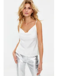 White Turndown Collar Stone Accessory Satin Blouse - 4