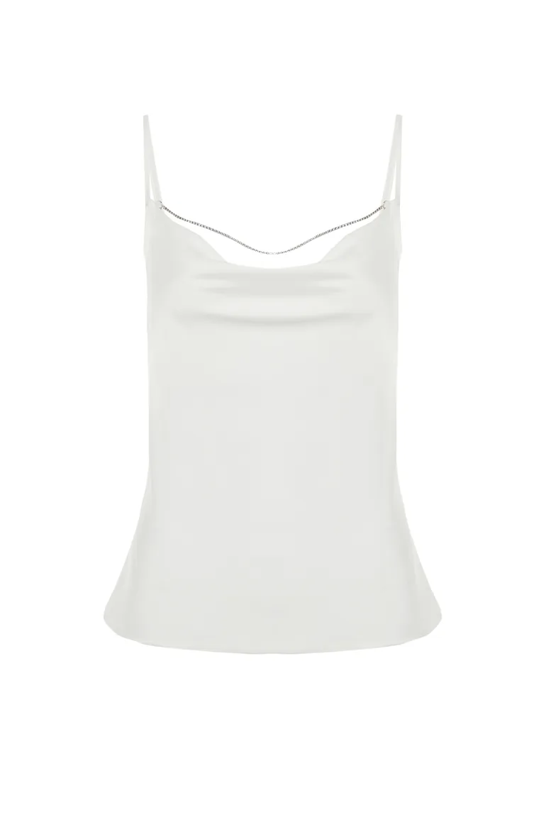 White Turndown Collar Stone Accessory Satin Blouse - 6
