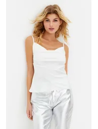 White Turndown Collar Stone Accessory Satin Blouse