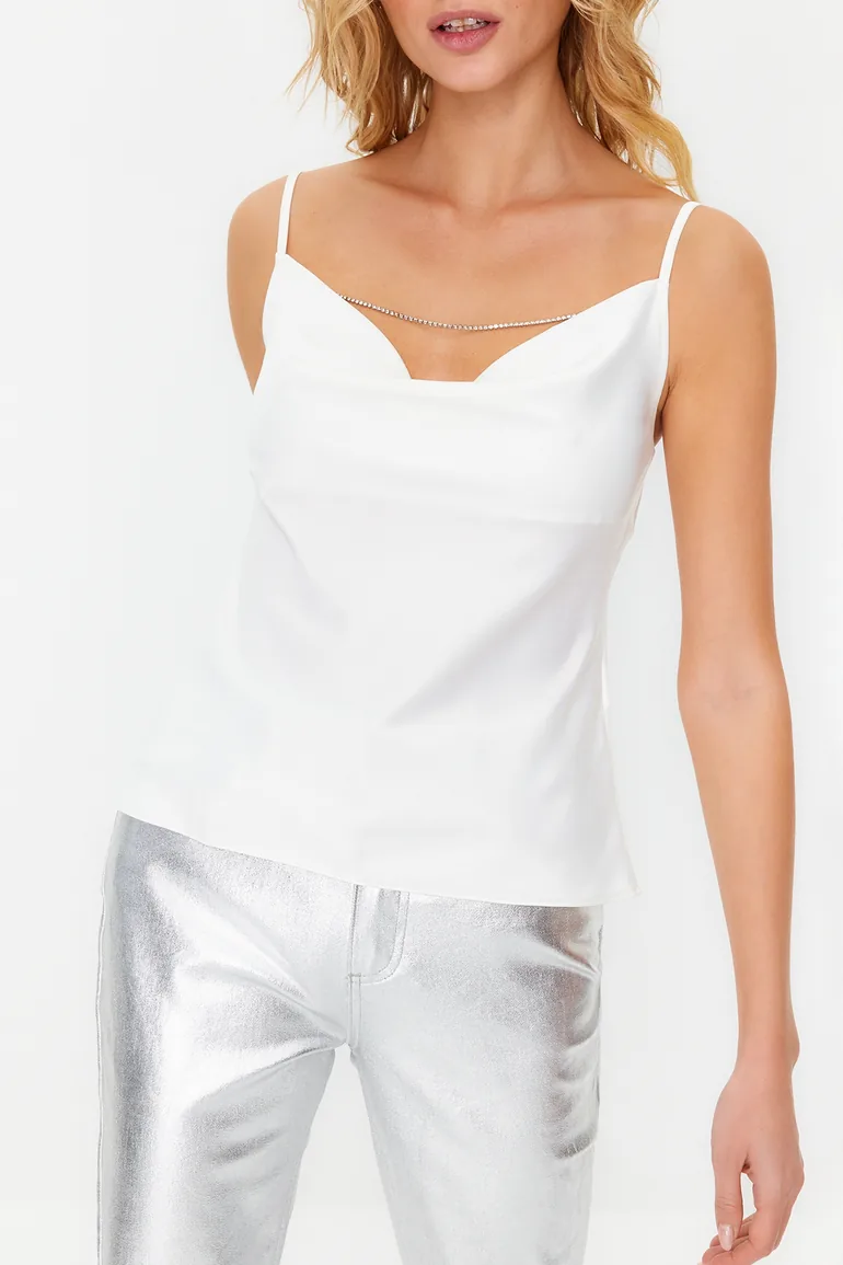 White Turndown Collar Stone Accessory Satin Blouse - 1