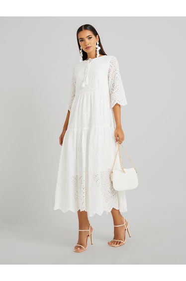 Schiffli Embroidered Tie-Up Neck A-Line Dress
