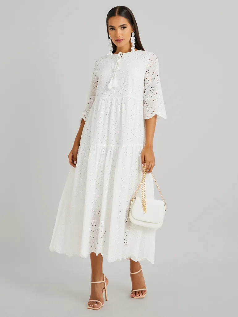 schiffli embroidered dress Schiffli Embroidered Midi Dress with Puff Sleeves For Default Category at  Oman