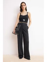 Black Thick Buttoned/Winter Wide Leg/Wide Leg High Waist Trousers