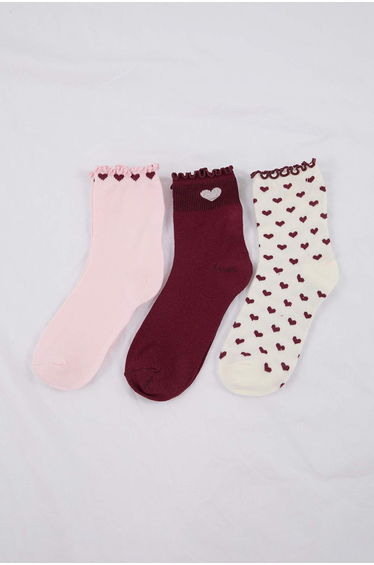 Burgundy-Multicolored 3-Piece Heart Jacquard Knitted Socks