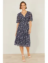 Yumi Navy Floral Mesh Wrap Dress