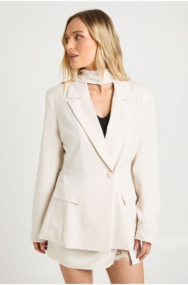 Petite Scarf Detail Cinched Blazer - ecru