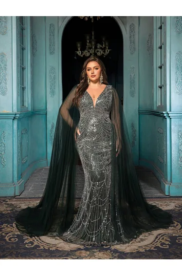 Gorgeous Stunning Beaded Patchwork Mesh Cape Sleeve Women Gown Dresses