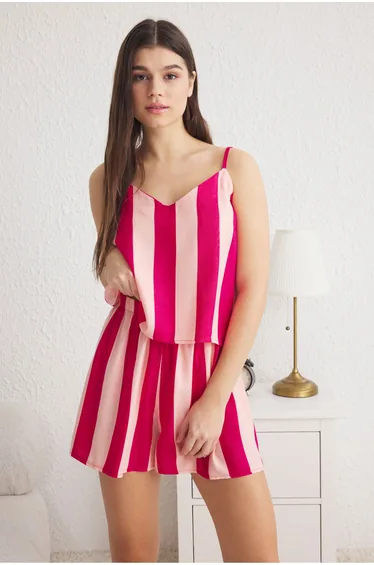 Pink Striped Rope Strap Viscose Woven Pajama Set