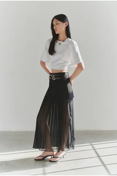 Limited Edition Black Chiffon Pleated Belted Woven Skirt