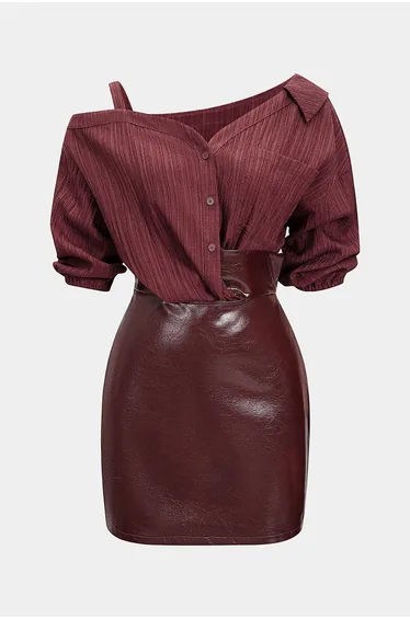 Faux Leather Patchwork Asymmetrical Short Sleeve Mini Dress