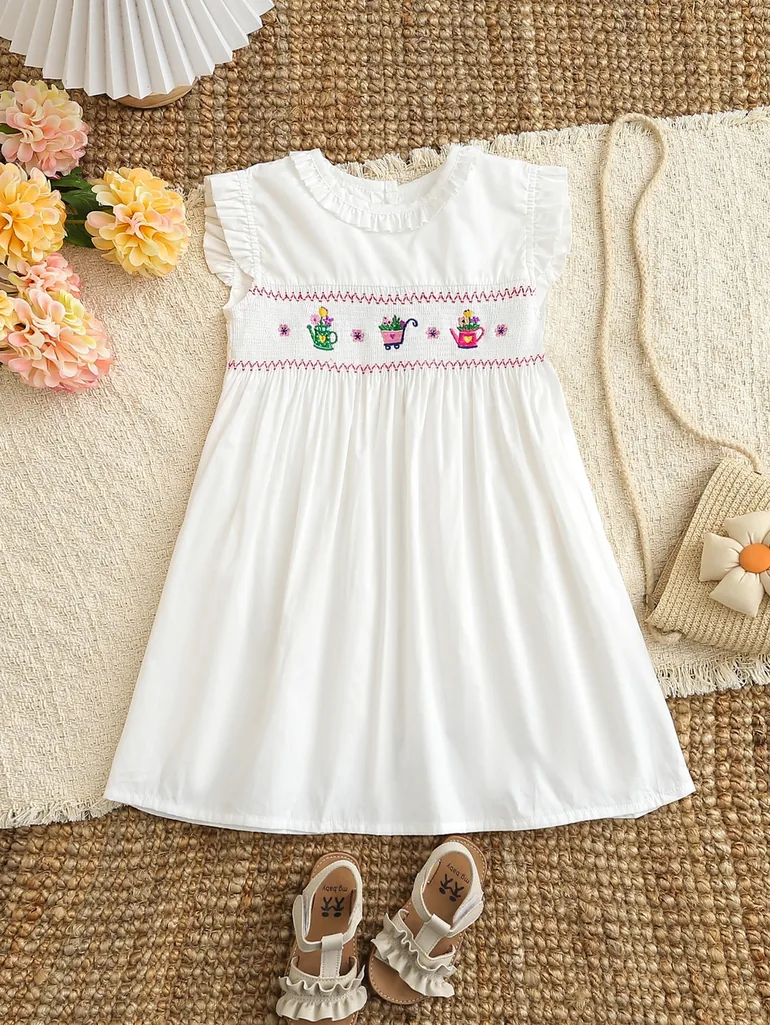 Girls Off-White Embroidered Smocked Dress