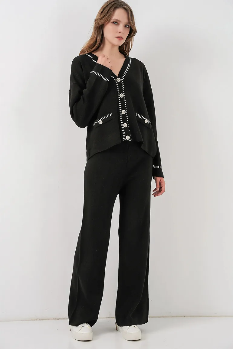 BDART Textured V-Neck Knitwear Cardigan and Wide Leg Pants Set