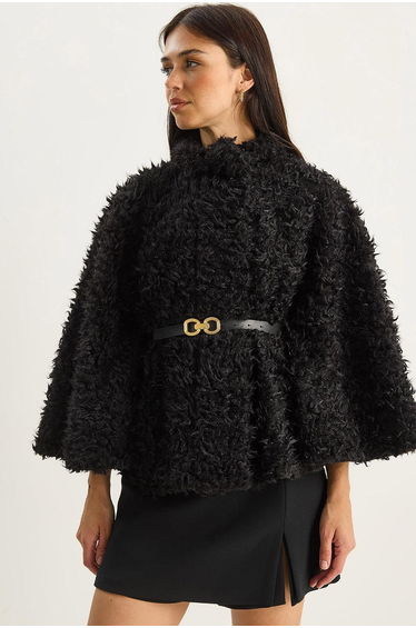 Women's Soft Textured Plush Poncho with Belt Detail 2817 60281120 - Black