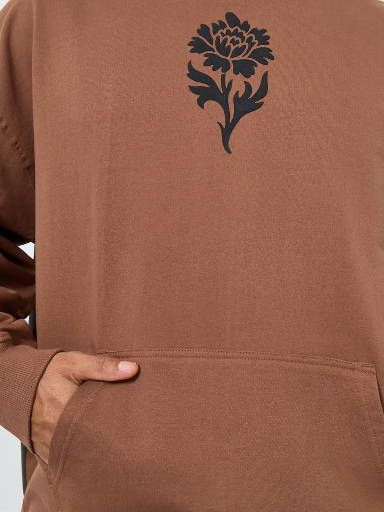 Men Brown Floral Print Fleece Hoodie - 3