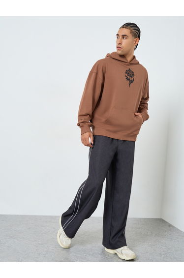 Men Brown Floral Print Fleece Hoodie