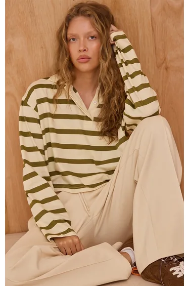 Sage Green Striped Cotton Polo Collar Long Sleeve Crop Top
