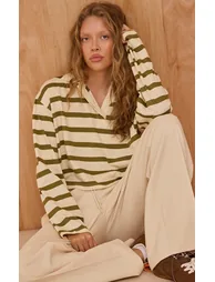 Sage Green Striped Cotton Polo Collar Long Sleeve Crop Top