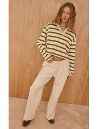 Sage Green Striped Cotton Polo Collar Long Sleeve Crop Top - 2