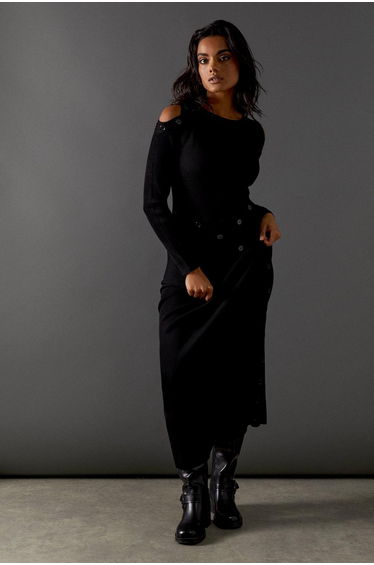Button Detail Cold Shoulder Ribbed Midaxi Dress