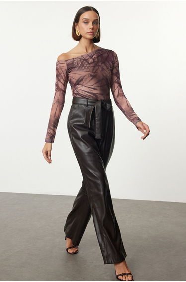 Light Brown Patterned Tulle Fitted Knitted Body
