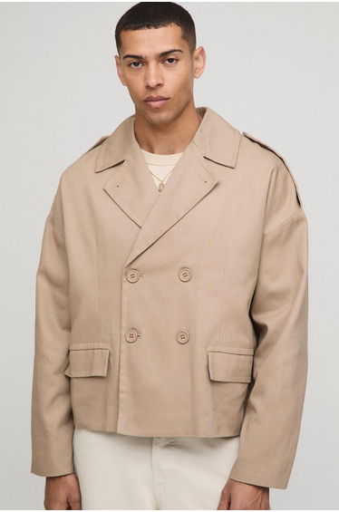Oversized Boxy Double Breasted Twill Mac Jacket - stone