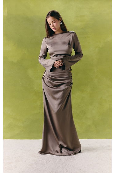 Slate Grey Satin Open Back Long Sleeve Top