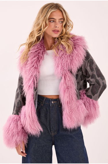 Premium Shearling Leopard Real Suede Jacket