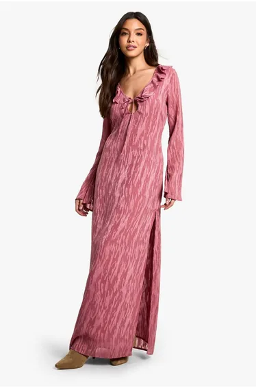 فستان جاكار بكشكش بفتحة جانبية - زهري 