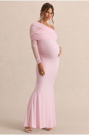 Ianthe | Light Pink Asymmetric-Neck Maternity Maxi Dress With Mesh Long Sleeves