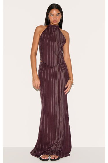 Tall Dark Brown Embroidered Stripe Halterneck Top