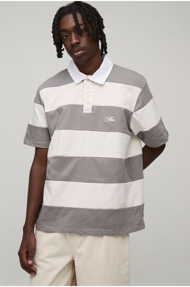Regular Fit Short Sleeve Embroidered Stripe Rugby Polo - grey