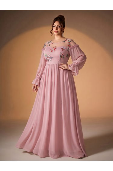 Leely Plus Women's Elegant Floral Embroidered Chiffon Bridesmaid Dress