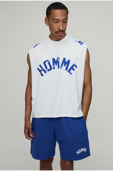 Homme Printed Oversized Boxy Drop Armhole Tank & Baggy Short Set - blue