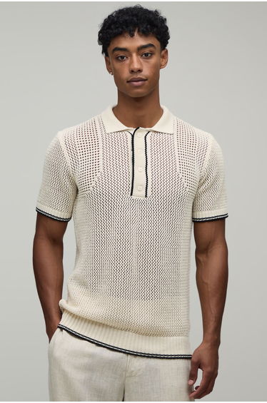 Regular Fit Contrast Open Stitch Knitted Polo - ecru