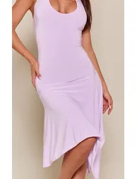 Lilac Slinky Scoop Neck Hanky Hem Midi Dress - 3