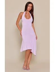 Lilac Slinky Scoop Neck Hanky Hem Midi Dress